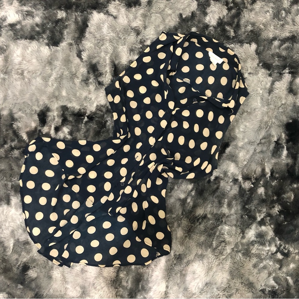 CHIFFON DARK BLUE BLACK YELLOW BUTTON UP HIGH LOW POLKA DOT TANK